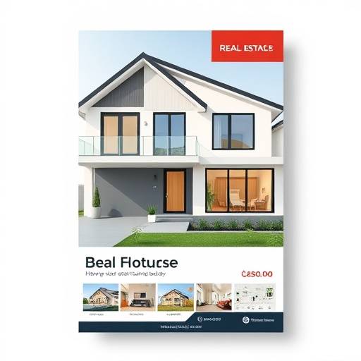Image d'une brochure de design graphique pour une agence immobilière, montrant une maison moderne avec un design épuré et des couleurs attrayantes.
